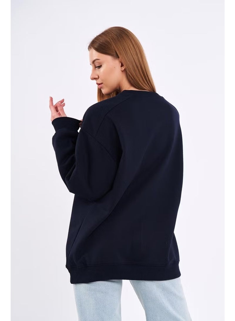 Navy Blue Women's Cotton Oversize Basic Crew Neck Sweatshirt - Image 3